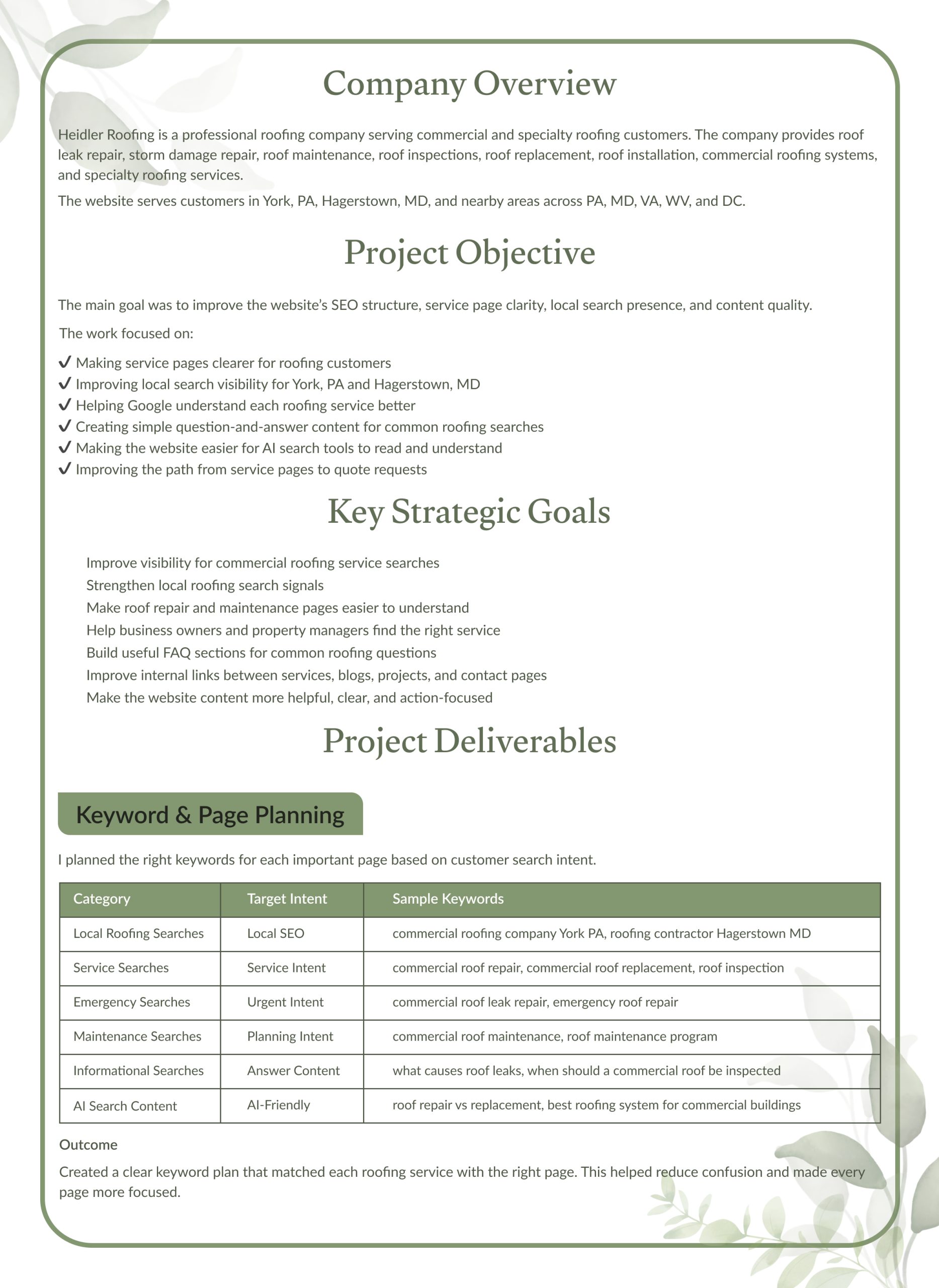 Heidler Roofing SEO case study cover: on-page SEO, content strategy, AEO, GEO and LLMO for a commercial roofing company