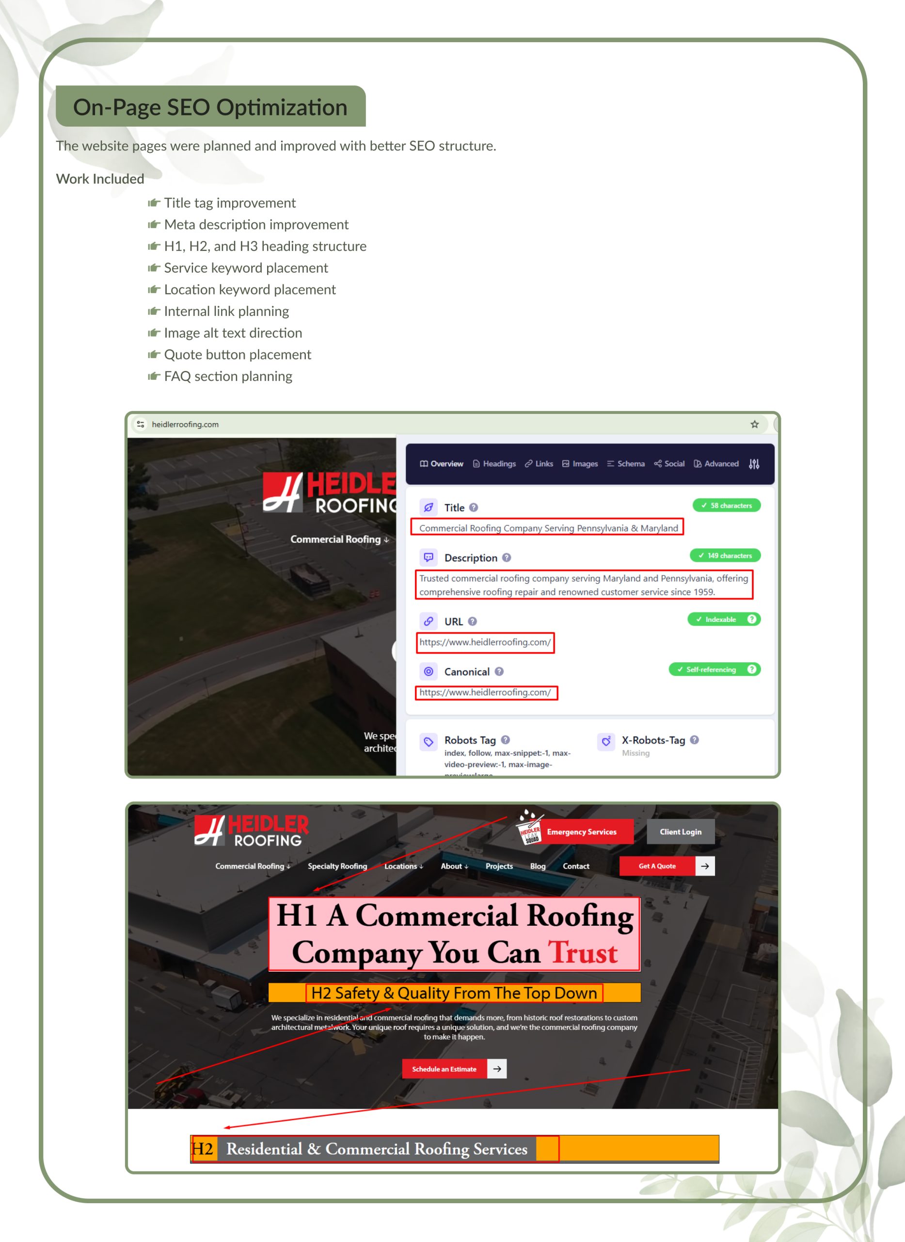 On-page SEO work for Heidler Roofing: optimized title tag, meta description and the H1 and H2 heading structure